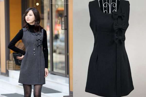 Elegant Woolen Sleeveless Dress With 3 Bow (Available in Black only)